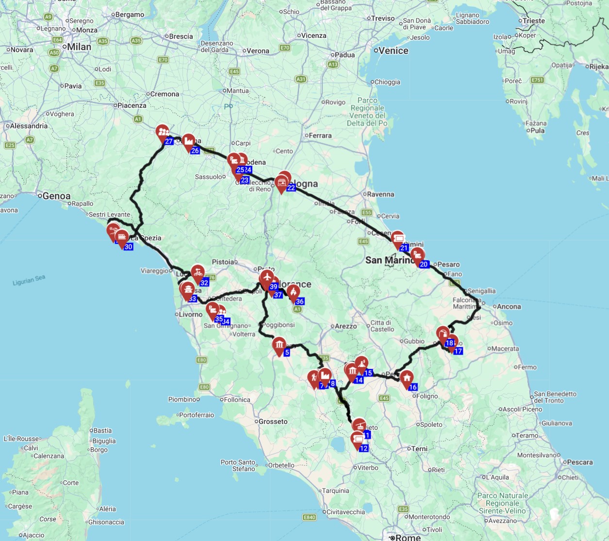 Map for המדריך המלא תכנון מסלול טיול קרוואנים 14 ימים מפירנצה לצינקווה טרה כולל פתרונות חניה
